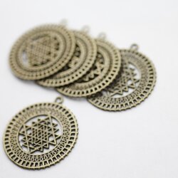 5 Sri Yantra Pendants 36 mm, Antique Brass