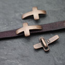 5 Schiebeperlen Kreuz für 10x2 mm flaches Leder, Altkupfer