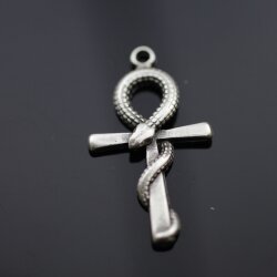 10 Ankh cross Snake Charms Pendant, Antique Silver