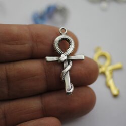 10 Ankh cross Snake Charms Pendant, Antique Silver