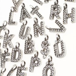 Letter Charms, Initial Alphabet Letter Pendant, Cz Letter Charms, Antique Silver A