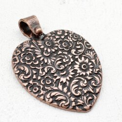 Heart with Flowers Pendant, Antique Copper