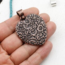 Heart with Flowers Pendant, Antique Copper