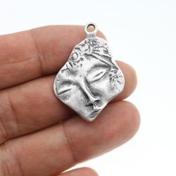 5 Antique Silver Face Pendants, Buddha Face Charm