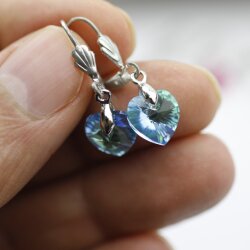 Aqua Glam Heart Earrings with 10 mm Swarovski Crystals, handmade