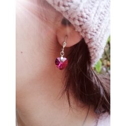 Fuchsia Glam Heart Earrings with 10 mm Swarovski Crystals, handmade