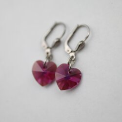 Fuchsia Glam Heart Earrings with 10 mm Swarovski Crystals, handmade