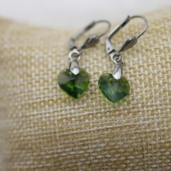 Dark Moss Green Glam Heart Earrings with 10 mm Swarovski Crystals, handmade