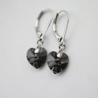 Silver Night Glam Heart Earrings with 10 mm Swarovski Crystals, handmade