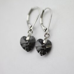 Silver Night Glam Heart Earrings with 10 mm Swarovski Crystals, handmade