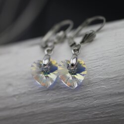 Silver Night Glam Heart Earrings with 10 mm Swarovski Crystals, handmade