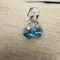 Blue Zircon Glam Heart Earrings with 10 mm Swarovski Crystals, handmade
