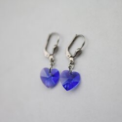 Majestic Blue Glam Heart Earrings with 10 mm Swarovski Crystals, handmade