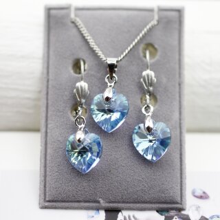 Aqua Glam Heart Earring Necklace Set with 10 mm Swarovski Crystals, handmade