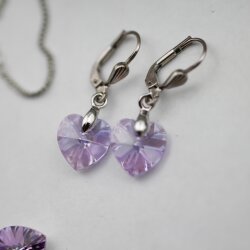 Violet Glam Heart Earring Necklace Set with 10 mm Swarovski Crystals, handmade