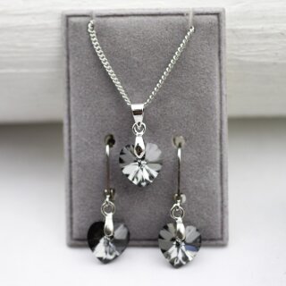 Crystal Silver Night Glam Heart Earring Necklace Set with 10 mm Swarovski Crystals, handmade