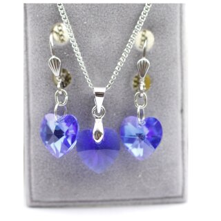Majestic Blue Glam Heart Earring Necklace Set with 10 mm Swarovski Crystals, handmade