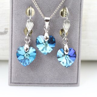 Bermuda Blue Glam Herz Ohrringe Ketten Set mit 10 mm Kristallen, handgefertigt