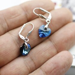 Bermuda Blue Glam Heart Earring Necklace Set with 10 mm Swarovski Crystals, handmade