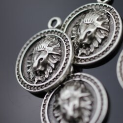 5 Antique Silver Lion Pendants, Lion Medallion, Lion Head