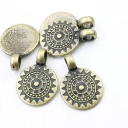 5 Antique Bronze Sun Mandala Round Disc Pendants 22 mm