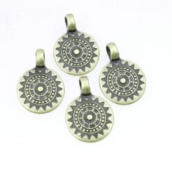 5 Antique Bronze Sun Mandala Round Disc Pendants 22 mm