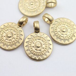 5 Matte Gold Sun Mandala Round Disc Pendants 22 mm