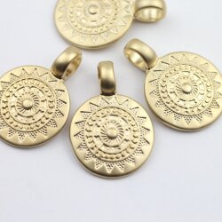 5 Matte Gold Sun Mandala Round Disc Pendants 22 mm