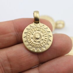 5 Matte Gold Sun Mandala Round Disc Pendants 22 mm